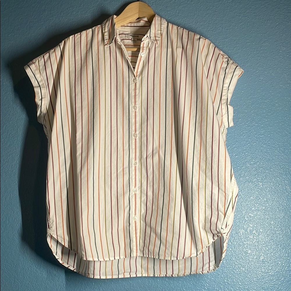 Madewell White and Red Blouse with Short Sleeves